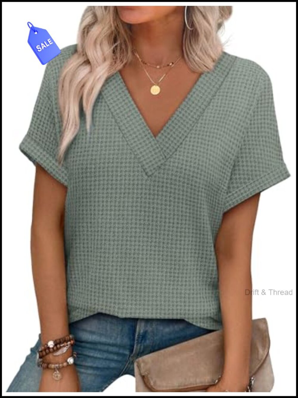 Waffle Knit V Neck Short Sleeve Tee Dolman Sleeve Casual Top